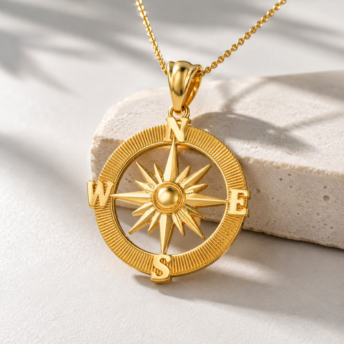 Yellow Gold Compass Pendant Necklace