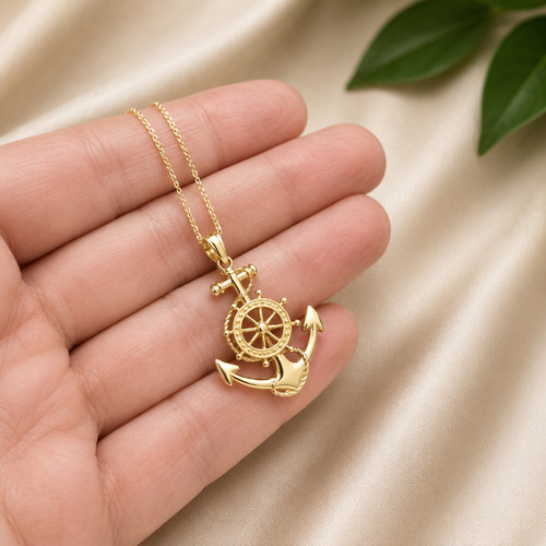 Two-Tone Yellow Gold Nautical Anchor Pendant Necklace