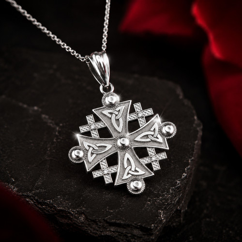 Sterling Silver Jerusalem Cross CZ Pendant Necklace