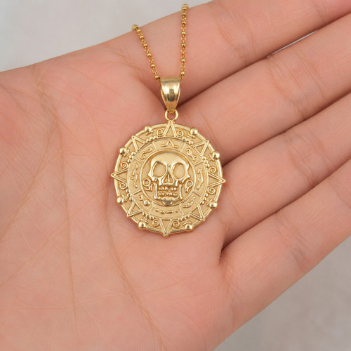 Gold Aztec Coin Caribbean Pirates Skull Pendant Necklace