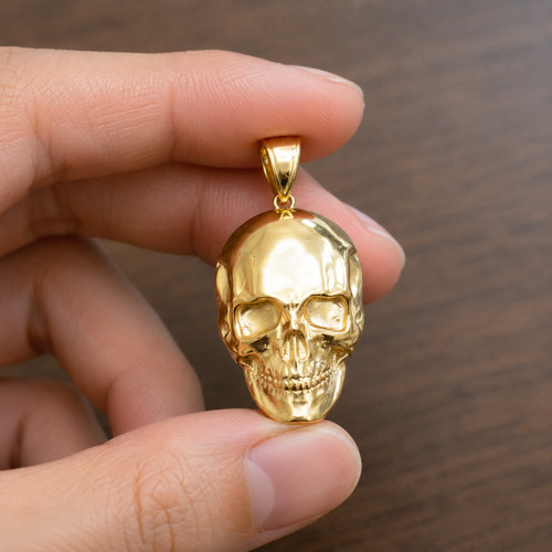 Polished Yellow Gold Mens Skull Pendant