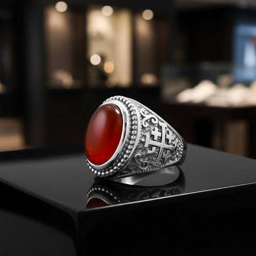 Sterling Silver Jerusalem Cross Red Onyx Gemstone Statement Ring