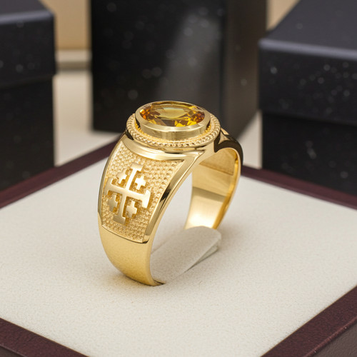 Gold Jerusalem Cross Birthstone CZ Ring
