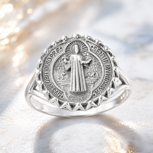 Sterling Silver Saint Benedict Women's Coin Medallion Ring