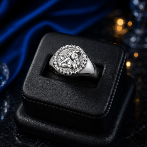 Sterling Silver Cupid Cherub Angel Halo CZ Round Signet Ring