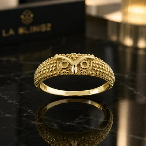 Gold Ring with Owl Face Textured Beaded Band