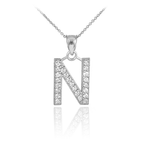 White Gold Letter "N" Initial Diamond Monogram Pendant Necklace