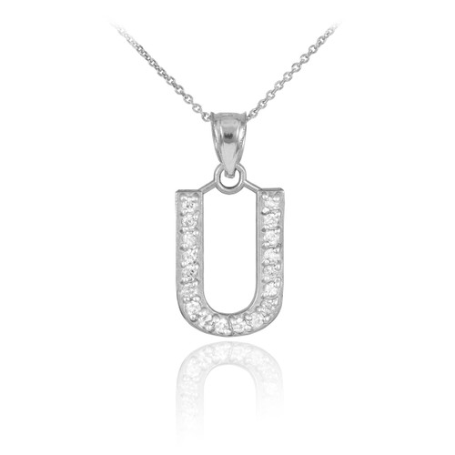 White Gold Letter "U" Diamond Initial Pendant Necklace