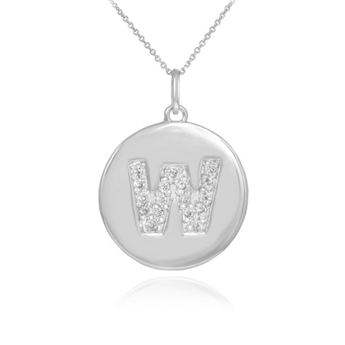 White Gold Letter "W" Initial Diamond Disc Pendant Necklace