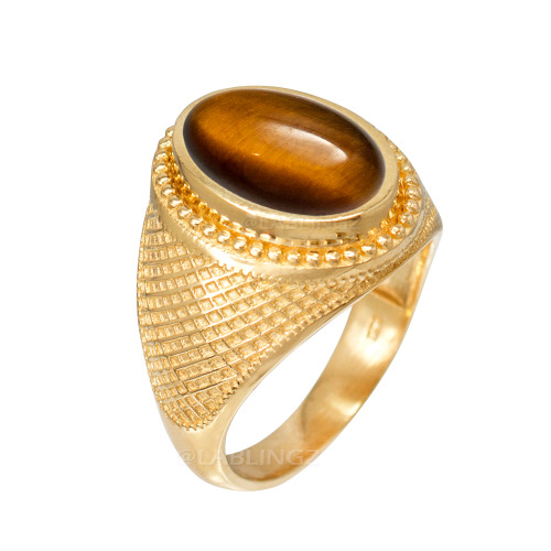 Yellow Gold Textured Band Tiger Eye Statement Ring