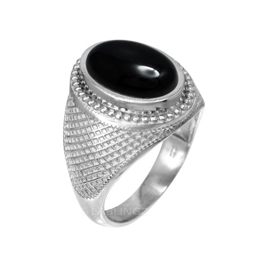 White Gold Textured Band Black Onyx Statement Ring