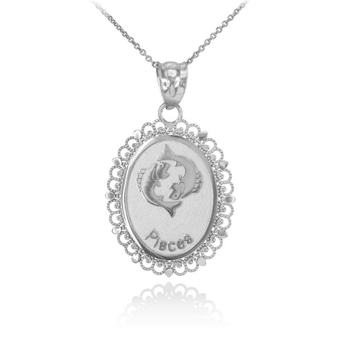 White Gold Pisces Zodiac Sign Filigree Oval Pendant Necklace