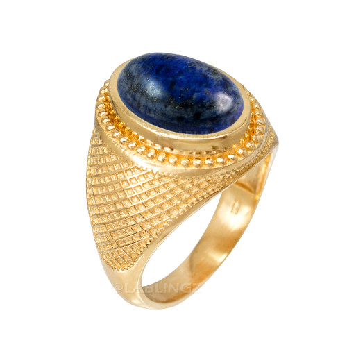 Yellow Gold Textured Band Lapis Lazuli Statement Ring