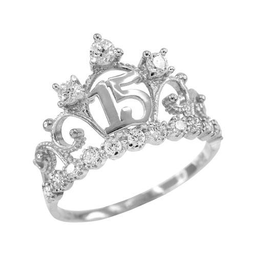 White Gold Quinceanera 15 Anos Crown CZ Ring