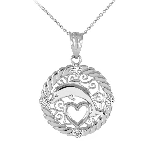 White Gold Roped Circle Diamond Jumping Dolphin Heart Filigree Pendant Necklace