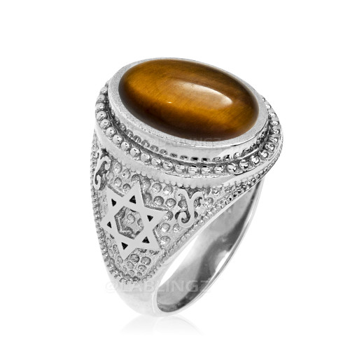 White Gold Star of David Tiger Eye Gemstone Jewish Statement Ring