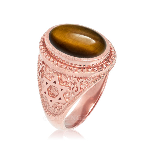 Rose Gold Star of David Tiger Eye Gemstone Jewish Statement Ring