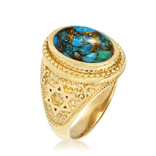 Gold Star of David Blue Copper Turquoise Jewish Statement Ring