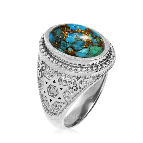 White Gold Star of David Blue Copper Turquoise Jewish Statement Ring