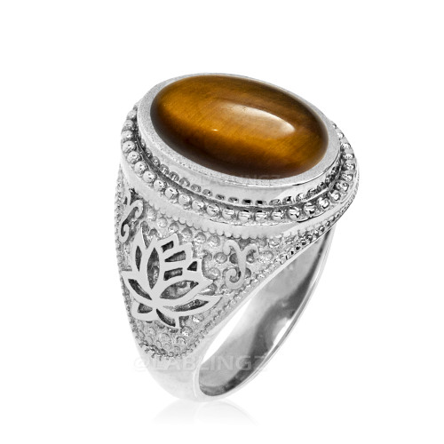 White Gold Lotus Yoga Mantra Tiger Eye Gemstone Statement Ring