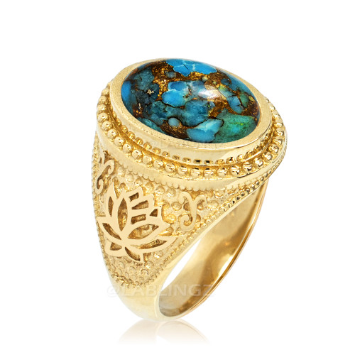 Gold Lotus Yoga Mantra Blue Copper Turquoise Statement Ring