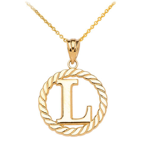 Yellow Gold "L" Initial in Rope Circle Pendant Necklace