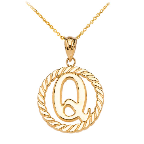 Yellow Gold "Q" Initial in Rope Circle Pendant Necklace