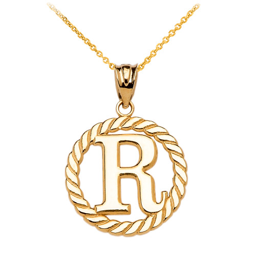 Yellow Gold "R" Initial in Rope Circle Pendant Necklace