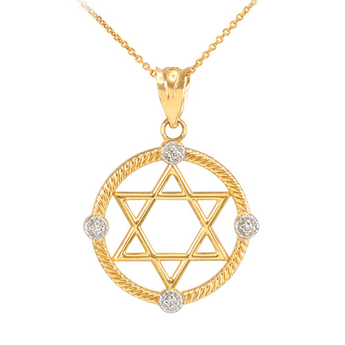 Yellow Gold Roped Circle Star of David with Diamond Pendant Necklace