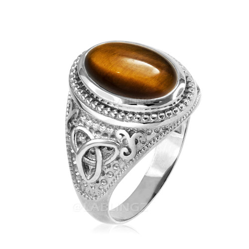 Sterling Silver Celtic Trinity Band Tiger Eye Gemstone Statement Ring