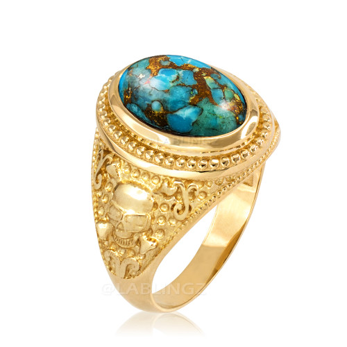 Gold Skull and Bone Blue Copper Turquoise Statement Ring.
