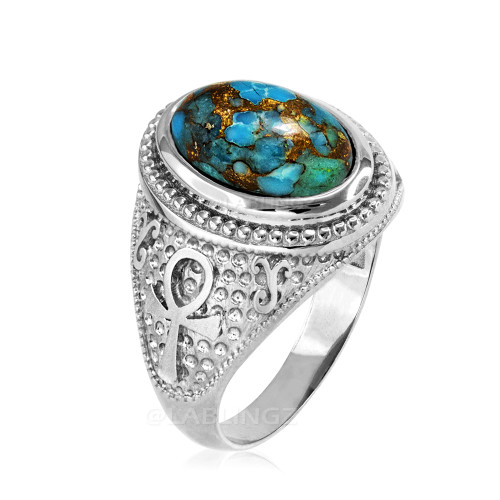 White Gold Egyptian Ankh Cross Blue Copper Turquoise Statement Ring