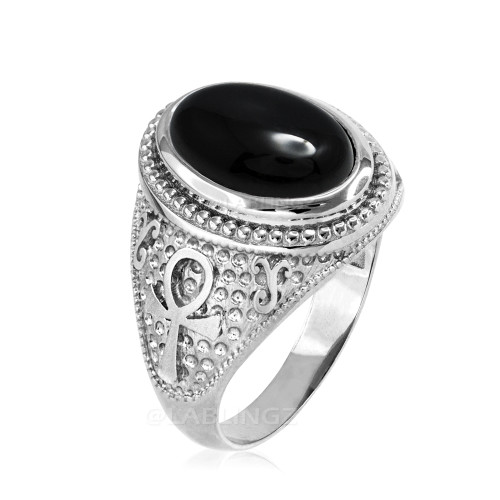 White Gold Egyptian Ankh Cross Black Onyx Statement Ring.