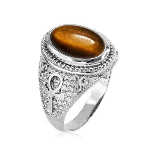 White Gold Egyptian Ankh Cross Tiger Eye Statement Ring.