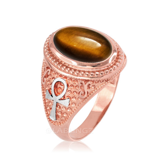 Two-Tone Rose Gold Egyptian Ankh Cross Tiger Eye Statement Ring.