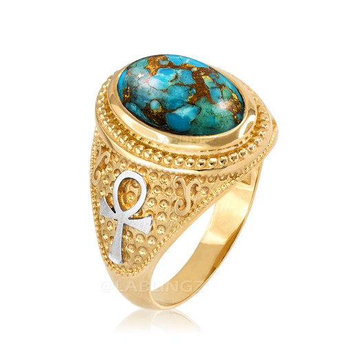 Two-Tone Yellow Gold Egyptian Ankh Cross Blue Copper Turquoise Statement Ring