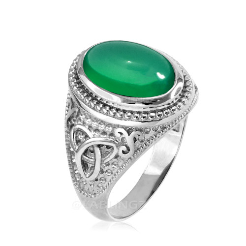 White Gold Celtic Trinity Green Onyx Gemstone Ring