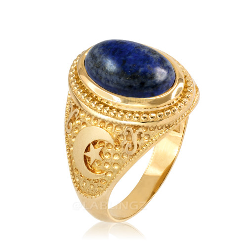 Yellow Gold Lapis Lazuli Islamic Crescent Moon Ring.