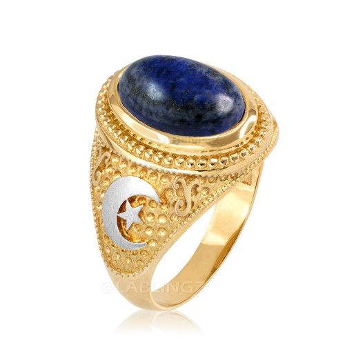 Two-Tone Yellow Gold Lapis Lazuli Islamic Crescent Moon Ring.