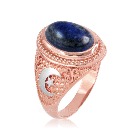 Two-Tone Rose Gold Lapis Lazuli Islamic Crescent Moon Ring.
