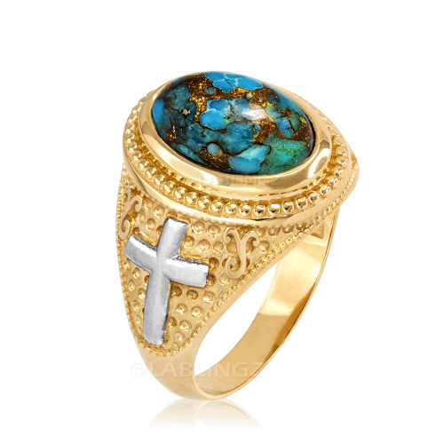 Two-Tone Yellow Gold Blue Copper Turquoise Christian Cross Gemstone Ring