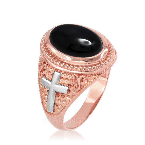 Two-Tone Rose Gold Black Onyx Christian Cross Gemstone Ring