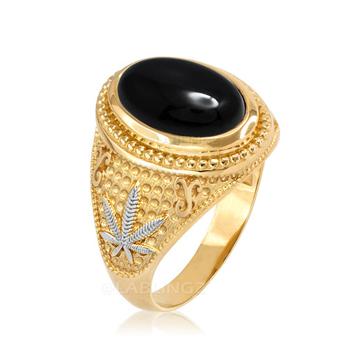 Two-Tone Yellow Gold Marijuana Weed Black Onyx Statement Ring