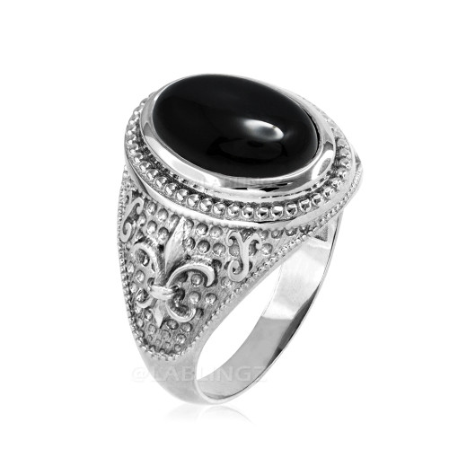 White Gold Black Onyx Fleur-De-Lis Gemstone Ring