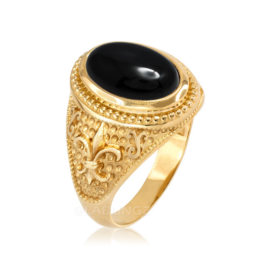 Yellow Gold Black Onyx Fleur-De-Lis Gemstone Ring