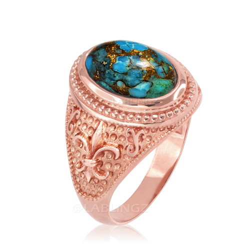 Rose Gold Blue Copper Turquoise Fleur-De-Lis Gemstone Ring