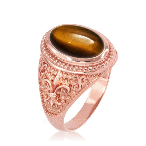 Rose Gold Tiger Eye Fleur-De-Lis Gemstone Ring