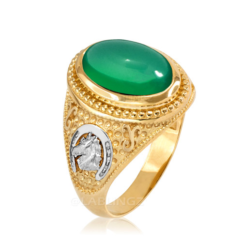 Two-Tone Yellow Gold Green Onyx Lucky Horse Shoe Gemstone Ring
