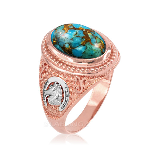 Two-Tone Rose Gold Blue Copper Turquoise  Lucky Horse Shoe Gemstone Ring