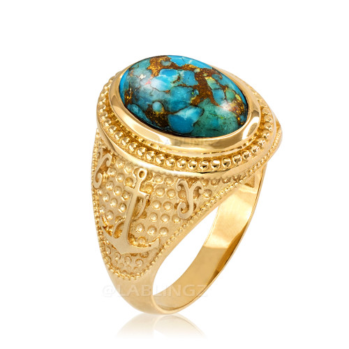 Yellow Gold Marine Anchor Blue Copper Turquoise Gemstone Ring